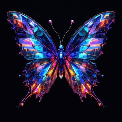 The primary subject of the image is a colorful butterfly with a vibrant blue and orange color scheme. The butterfly is depicted in a digital art style, with its wings and body featuring intricate patterns and designs. The setting is a dark background, which contrasts with the bright colors of the butterfly, creating a striking visual effect. The overall atmosphere of the image is lively and captivating, with the butterfly as the focal point.